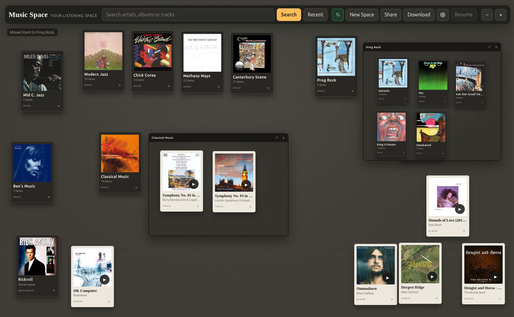 Music Desk on Space 1, with a Jazz window of album covers and A Love Supreme by John Coltrane playing.